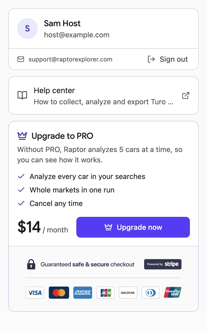 The Raptor Explorer toolbar popup when signed in: your account, the help center, and Upgrade to PRO for $14 a month