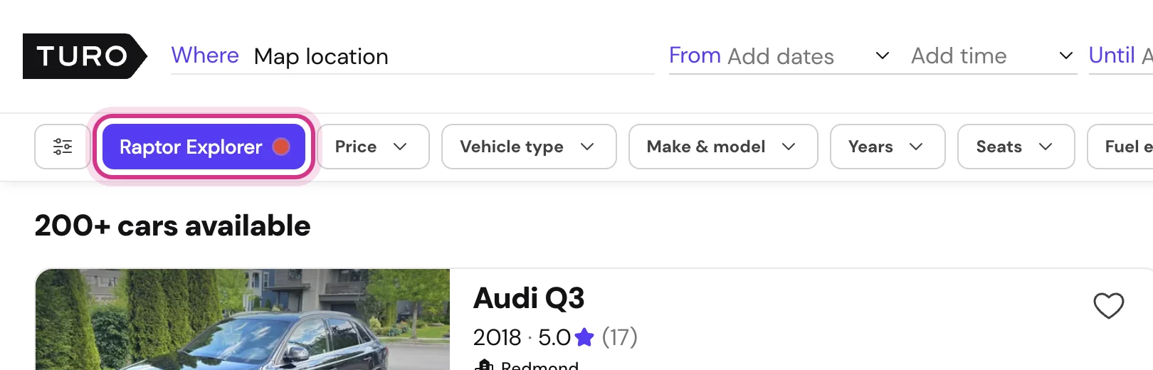 The Raptor Explorer button on a Turo search page with a red recording dot, circled