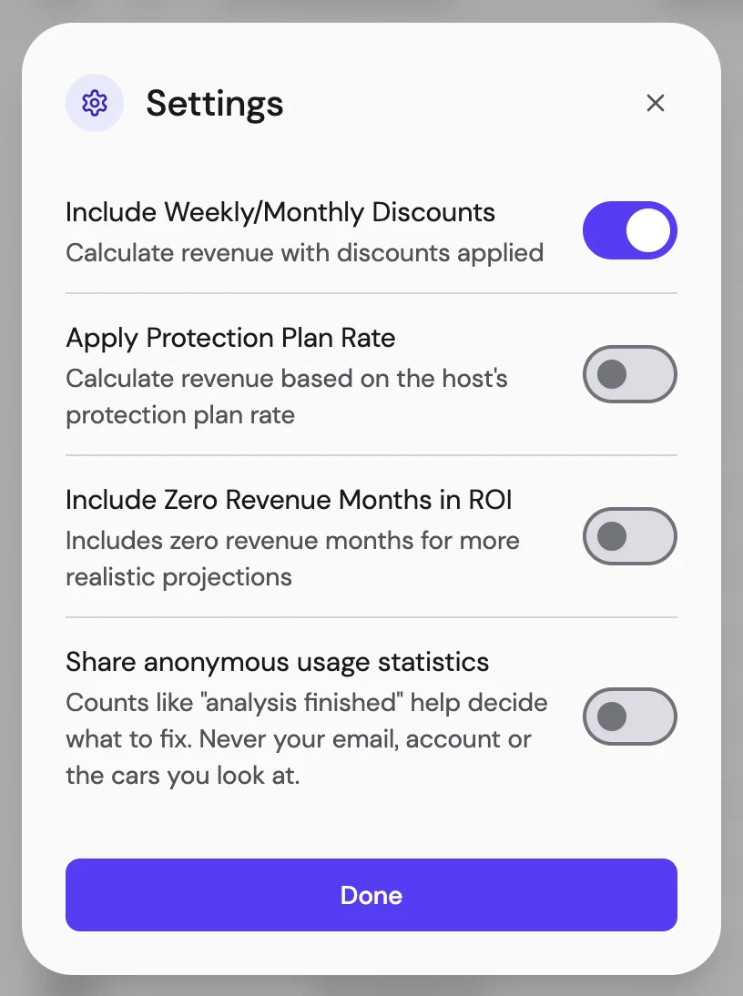 The Settings dialog with four switches: discounts, protection plan rate, zero revenue months in ROI, and usage statistics