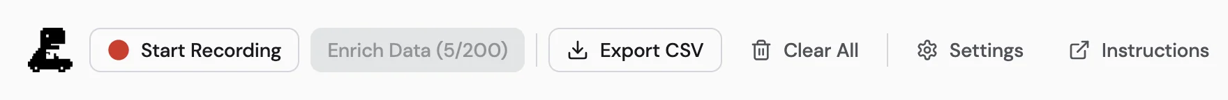 The left of the panel's toolbar: Start Recording, Enrich Data, Export CSV, Clear All, Settings, Instructions