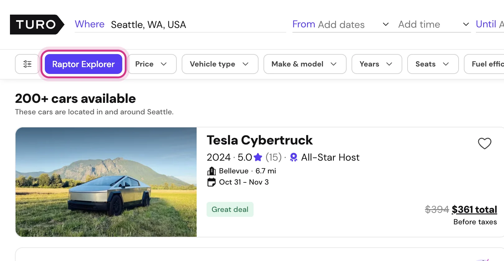 A Turo search for Seattle with the Raptor Explorer button above the filters, circled